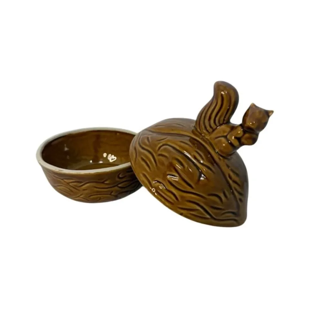 Vtg Ceramic Squirrel on Walnut Lidded Covered Dish Glazed Candy Nuts 7